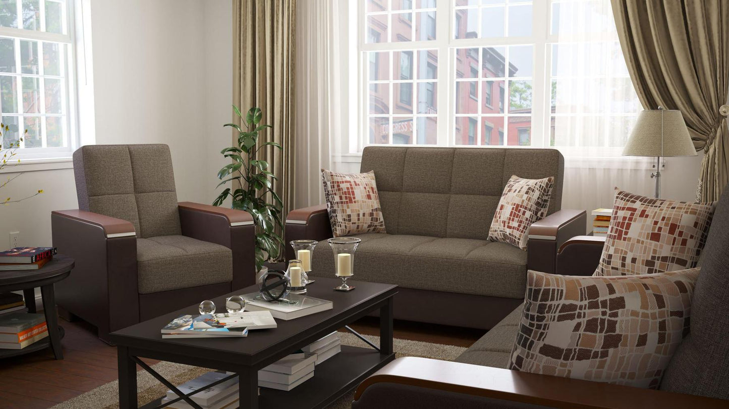 Modern design, Tannin Brown, Dark Brown , Chenille, Artificial Leather upholstered convertible Armchair with underseat storage from Voyage Luxe by Ottomanson in living room lifestyle setting with the matching furniture set. This Armchair measures 38 inches width by 36 inches depth by 41 inches height.