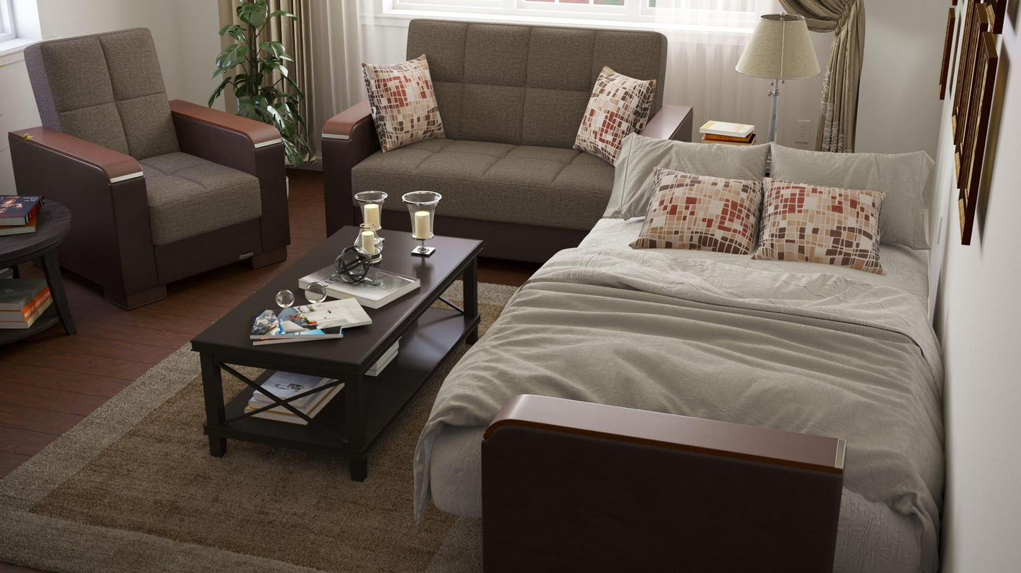Modern design, Tannin Brown, Dark Brown , Chenille, Artificial Leather upholstered convertible Armchair with underseat storage from Voyage Luxe by Ottomanson in living room lifestyle setting converted to sleeper. This Armchair measures 38 inches width by 36 inches depth by 41 inches height.