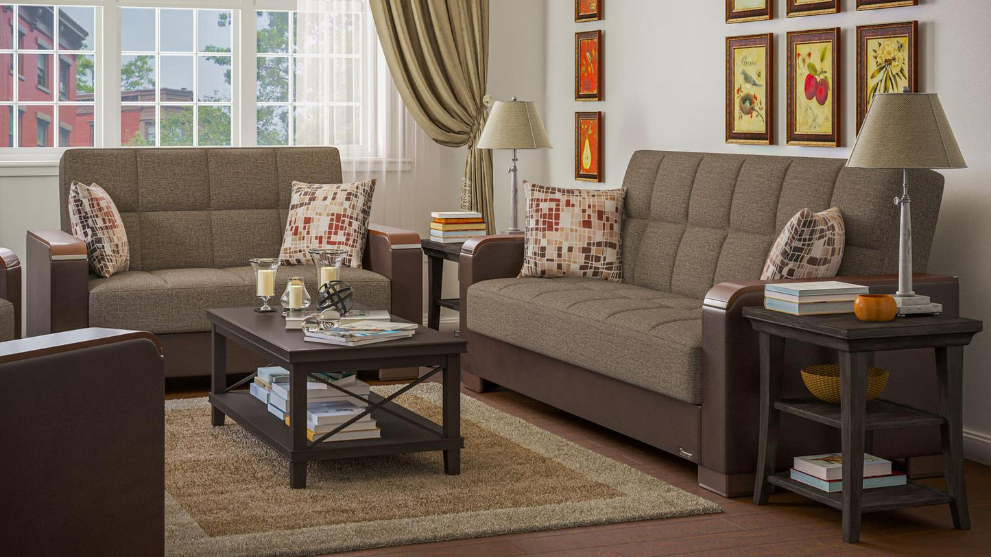 Modern design, Tannin Brown, Dark Brown , Chenille, Artificial Leather upholstered convertible sleeper Loveseat with underseat storage from Voyage Luxe by Ottomanson in living room lifestyle setting with another piece of furniture. This Loveseat measures 67 inches width by 36 inches depth by 41 inches height.