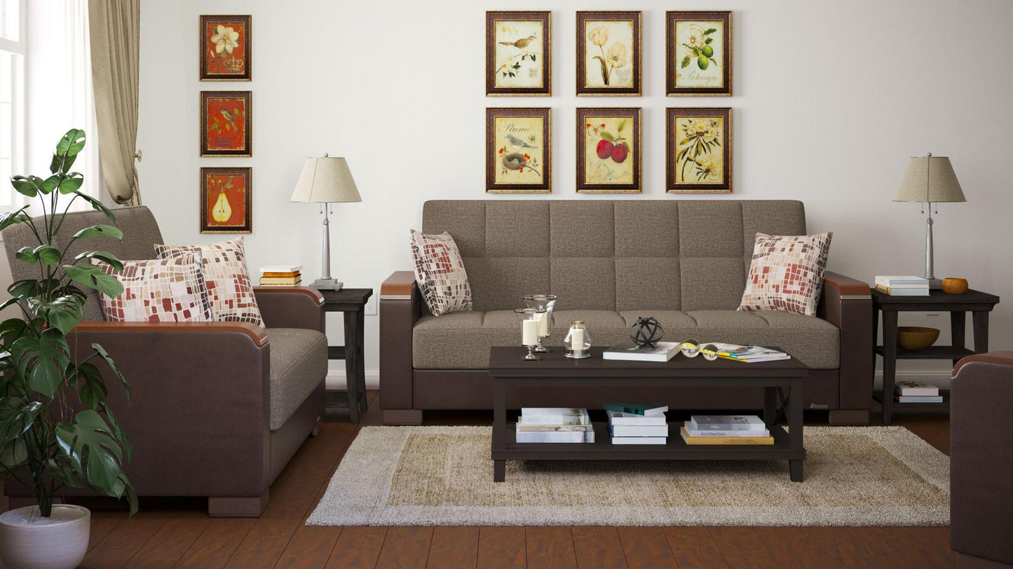 Modern design, Tannin Brown, Dark Brown , Chenille, Artificial Leather upholstered convertible sleeper Sofabed with underseat storage from Voyage Luxe by Ottomanson in living room lifestyle setting with another piece of furniture. This Sofabed measures 90 inches width by 36 inches depth by 41 inches height.
