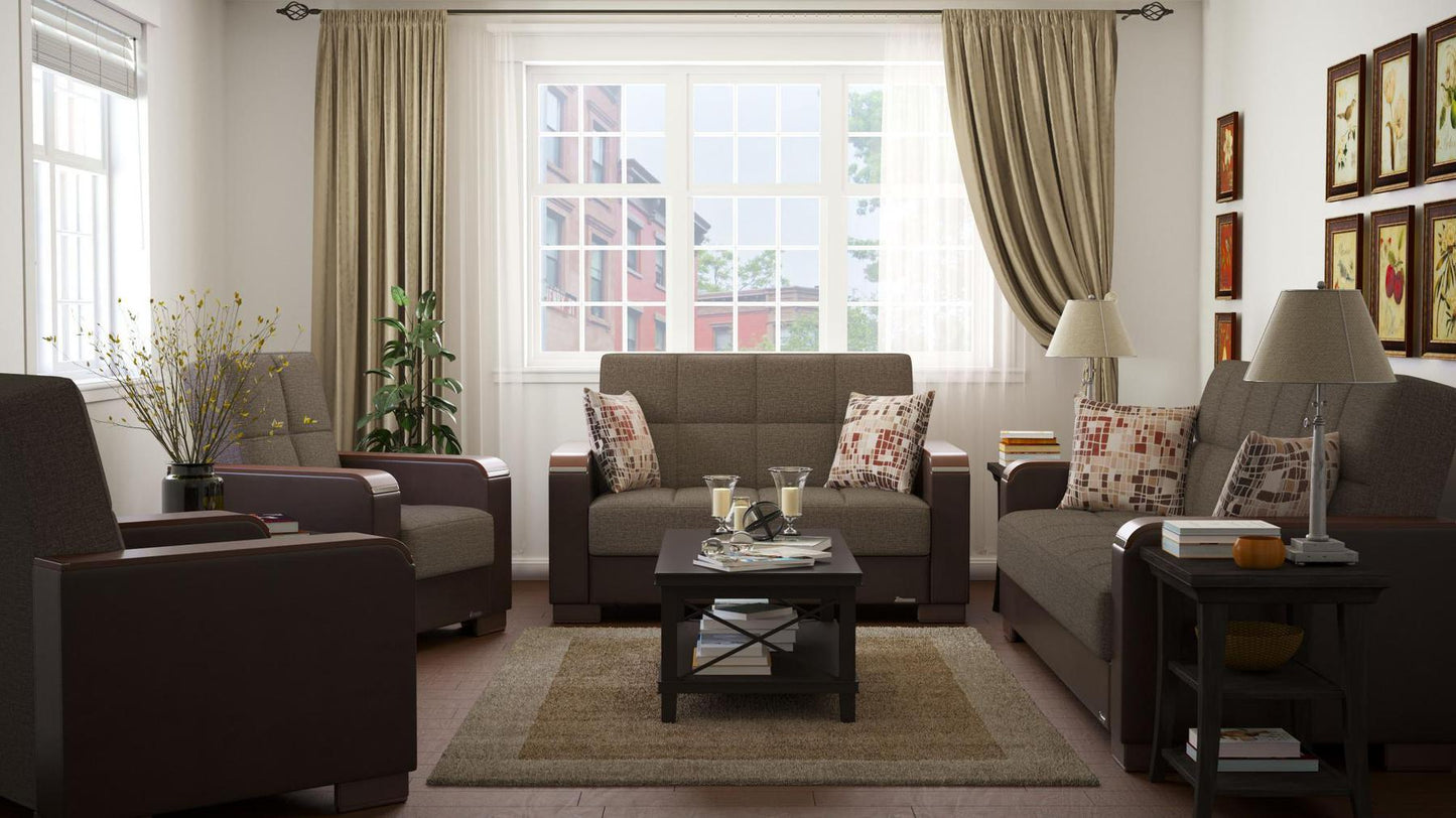 Modern design, Tannin Brown, Dark Brown , Chenille, Artificial Leather upholstered convertible sleeper Sofabed with underseat storage from Voyage Luxe by Ottomanson in living room lifestyle setting with the matching furniture set. This Sofabed measures 90 inches width by 36 inches depth by 41 inches height.