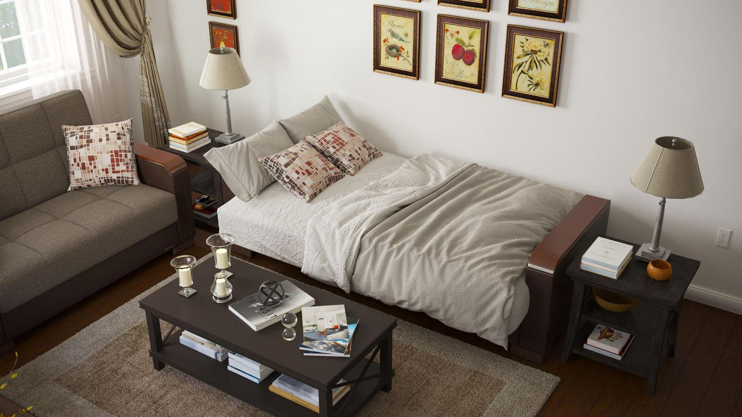 Modern design, Tannin Brown, Dark Brown , Chenille, Artificial Leather upholstered convertible sleeper Sofabed with underseat storage from Voyage Luxe by Ottomanson in living room lifestyle setting converted to sleeper. This Sofabed measures 90 inches width by 36 inches depth by 41 inches height.