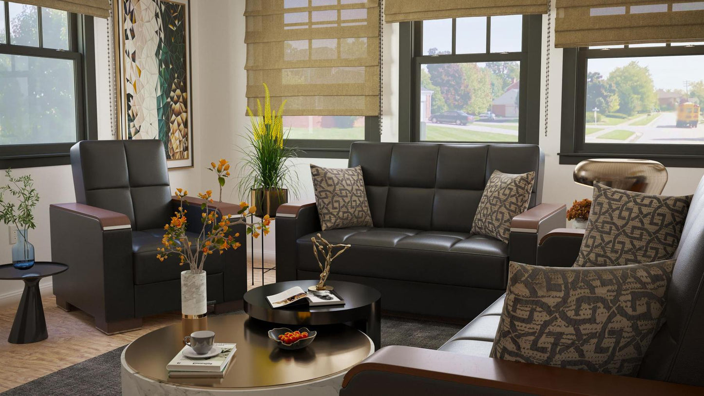 Modern design, Black , Artificial Leather upholstered convertible Armchair with underseat storage from Voyage Luxe by Ottomanson in living room lifestyle setting with another piece of furniture. This Armchair measures 38 inches width by 36 inches depth by 41 inches height.
