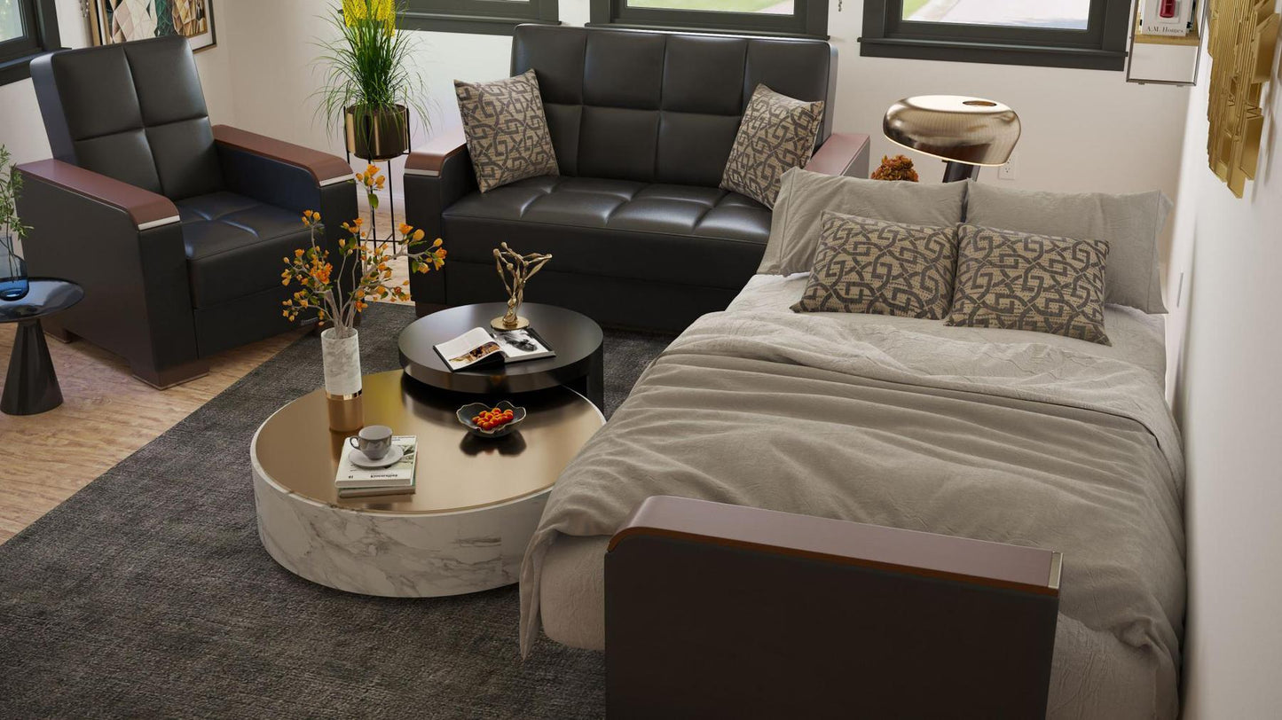 Modern design, Black , Artificial Leather upholstered convertible Armchair with underseat storage from Voyage Luxe by Ottomanson in living room lifestyle setting converted to sleeper. This Armchair measures 38 inches width by 36 inches depth by 41 inches height.