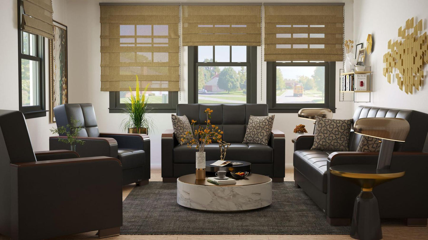 Modern design, Black , Artificial Leather upholstered convertible sleeper Loveseat with underseat storage from Voyage Luxe by Ottomanson in living room lifestyle setting with the matching furniture set. This Loveseat measures 67 inches width by 36 inches depth by 41 inches height.
