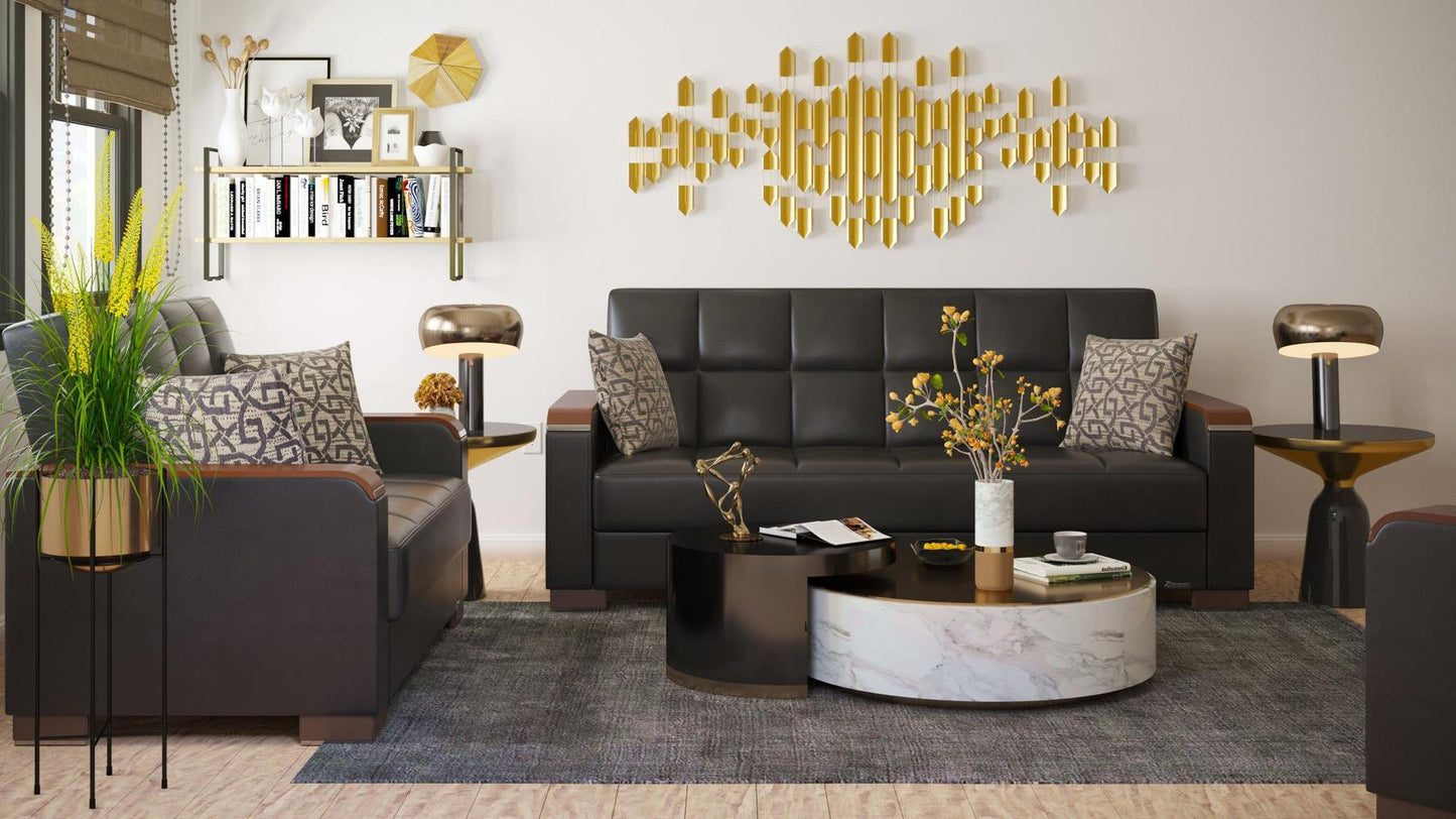 Modern design, Black , Artificial Leather upholstered convertible sleeper Sofabed with underseat storage from Voyage Luxe by Ottomanson in living room lifestyle setting with another piece of furniture. This Sofabed measures 90 inches width by 36 inches depth by 41 inches height.