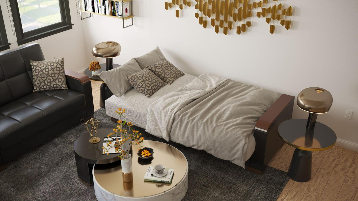 Modern design, Black , Artificial Leather upholstered convertible sleeper Sofabed with underseat storage from Voyage Luxe by Ottomanson in living room lifestyle setting converted to sleeper. This Sofabed measures 90 inches width by 36 inches depth by 41 inches height.