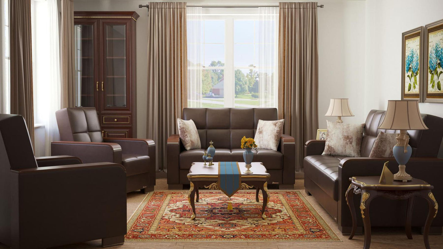 Modern design, Dark Brown , Artificial Leather upholstered convertible Armchair with underseat storage from Voyage Luxe by Ottomanson in living room lifestyle setting with the matching furniture set. This Armchair measures 38 inches width by 36 inches depth by 41 inches height.