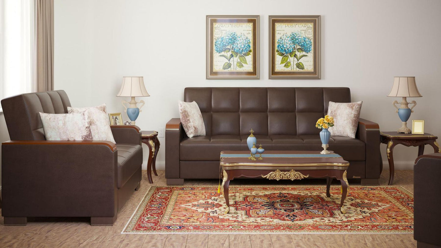 Modern design, Dark Brown , Artificial Leather upholstered convertible sleeper Sofabed with underseat storage from Voyage Luxe by Ottomanson in living room lifestyle setting with another piece of furniture. This Sofabed measures 90 inches width by 36 inches depth by 41 inches height.