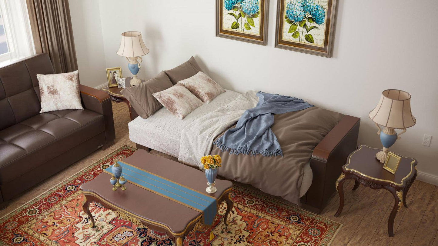 Modern design, Dark Brown , Artificial Leather upholstered convertible sleeper Sofabed with underseat storage from Voyage Luxe by Ottomanson in living room lifestyle setting converted to sleeper. This Sofabed measures 90 inches width by 36 inches depth by 41 inches height.