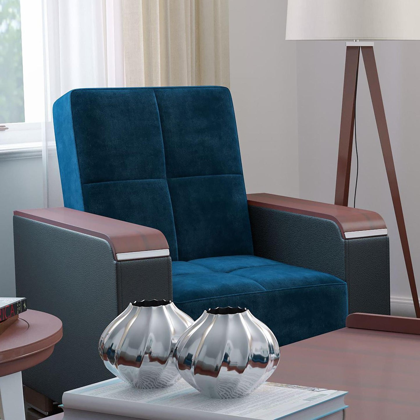 Modern design, Snorkel Blue, Black , Microfiber, Artificial Leather upholstered convertible Armchair with underseat storage from Voyage Luxe by Ottomanson in living room lifestyle setting by itself. This Armchair measures 38 inches width by 36 inches depth by 41 inches height.