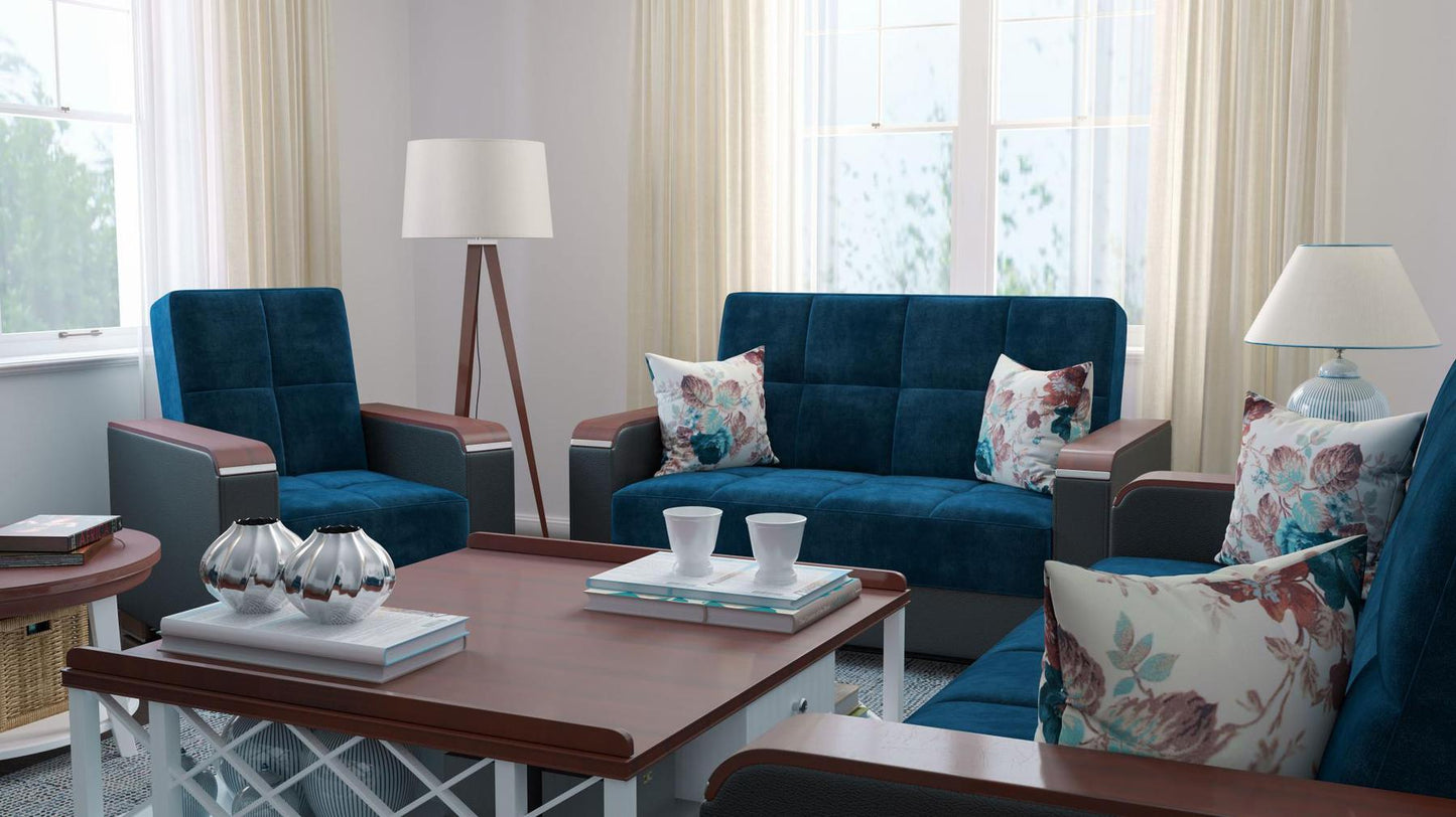 Modern design, Snorkel Blue, Black , Microfiber, Artificial Leather upholstered convertible Armchair with underseat storage from Voyage Luxe by Ottomanson in living room lifestyle setting with another piece of furniture. This Armchair measures 38 inches width by 36 inches depth by 41 inches height.