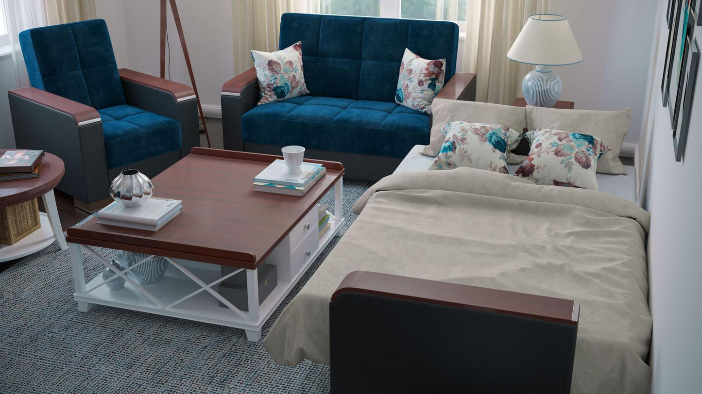 Modern design, Snorkel Blue, Black , Microfiber, Artificial Leather upholstered convertible Armchair with underseat storage from Voyage Luxe by Ottomanson in living room lifestyle setting converted to sleeper. This Armchair measures 38 inches width by 36 inches depth by 41 inches height.
