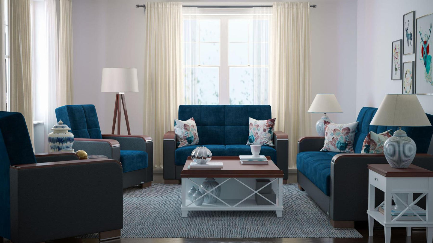 Modern design, Snorkel Blue, Black , Microfiber, Artificial Leather upholstered convertible sleeper Loveseat with underseat storage from Voyage Luxe by Ottomanson in living room lifestyle setting with the matching furniture set. This Loveseat measures 67 inches width by 36 inches depth by 41 inches height.