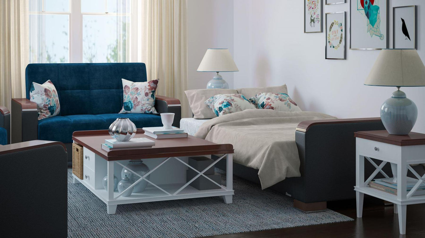 Modern design, Snorkel Blue, Black , Microfiber, Artificial Leather upholstered convertible sleeper Loveseat with underseat storage from Voyage Luxe by Ottomanson in living room lifestyle setting converted to sleeper. This Loveseat measures 67 inches width by 36 inches depth by 41 inches height.