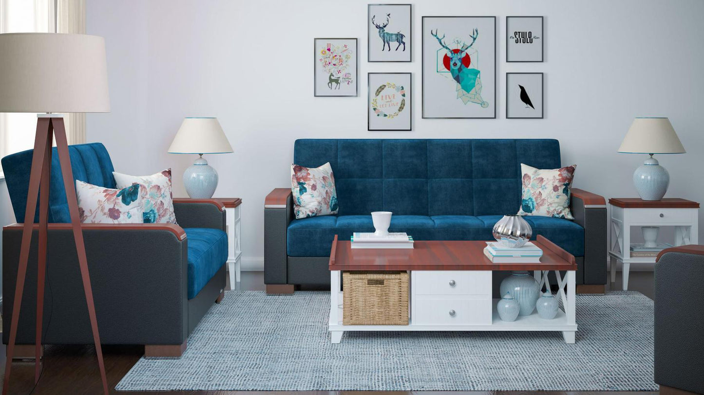 Modern design, Snorkel Blue, Black , Microfiber, Artificial Leather upholstered convertible sleeper Sofabed with underseat storage from Voyage Luxe by Ottomanson in living room lifestyle setting with another piece of furniture. This Sofabed measures 90 inches width by 36 inches depth by 41 inches height.