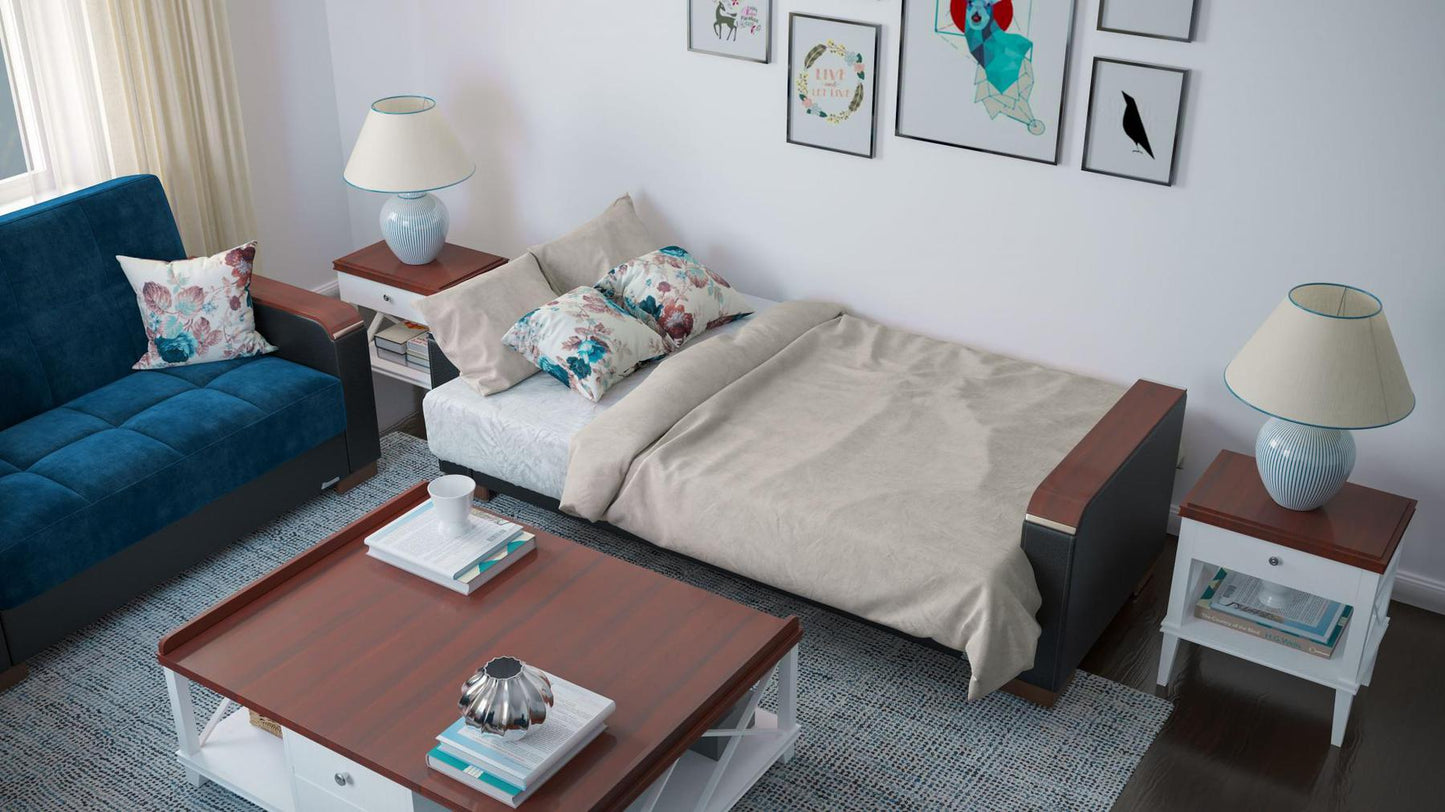 Modern design, Snorkel Blue, Black , Microfiber, Artificial Leather upholstered convertible sleeper Sofabed with underseat storage from Voyage Luxe by Ottomanson in living room lifestyle setting converted to sleeper. This Sofabed measures 90 inches width by 36 inches depth by 41 inches height.
