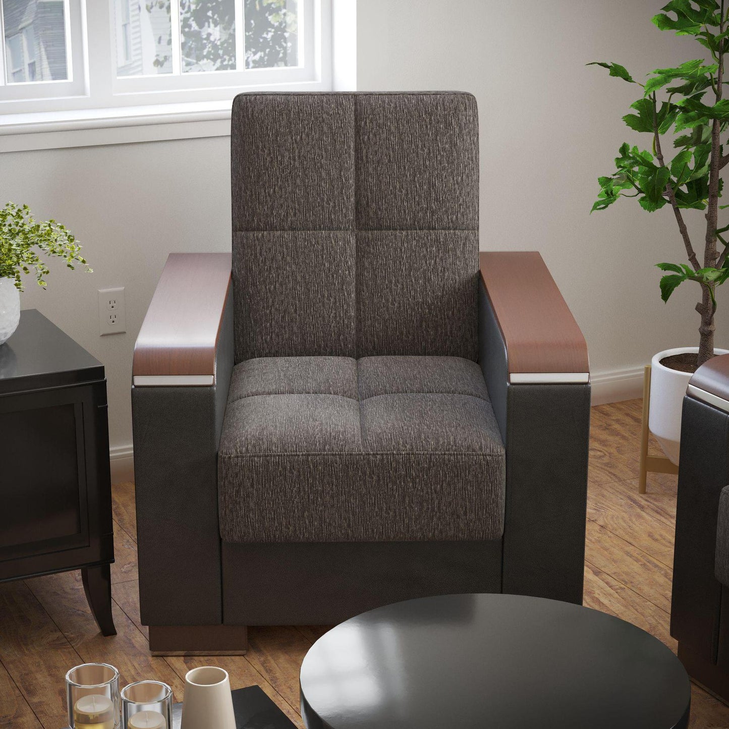 Modern design, Dark Slate Gray, Black , Chenille, Artificial Leather upholstered convertible Armchair with underseat storage from Voyage Luxe by Ottomanson in living room lifestyle setting by itself. This Armchair measures 38 inches width by 36 inches depth by 41 inches height.