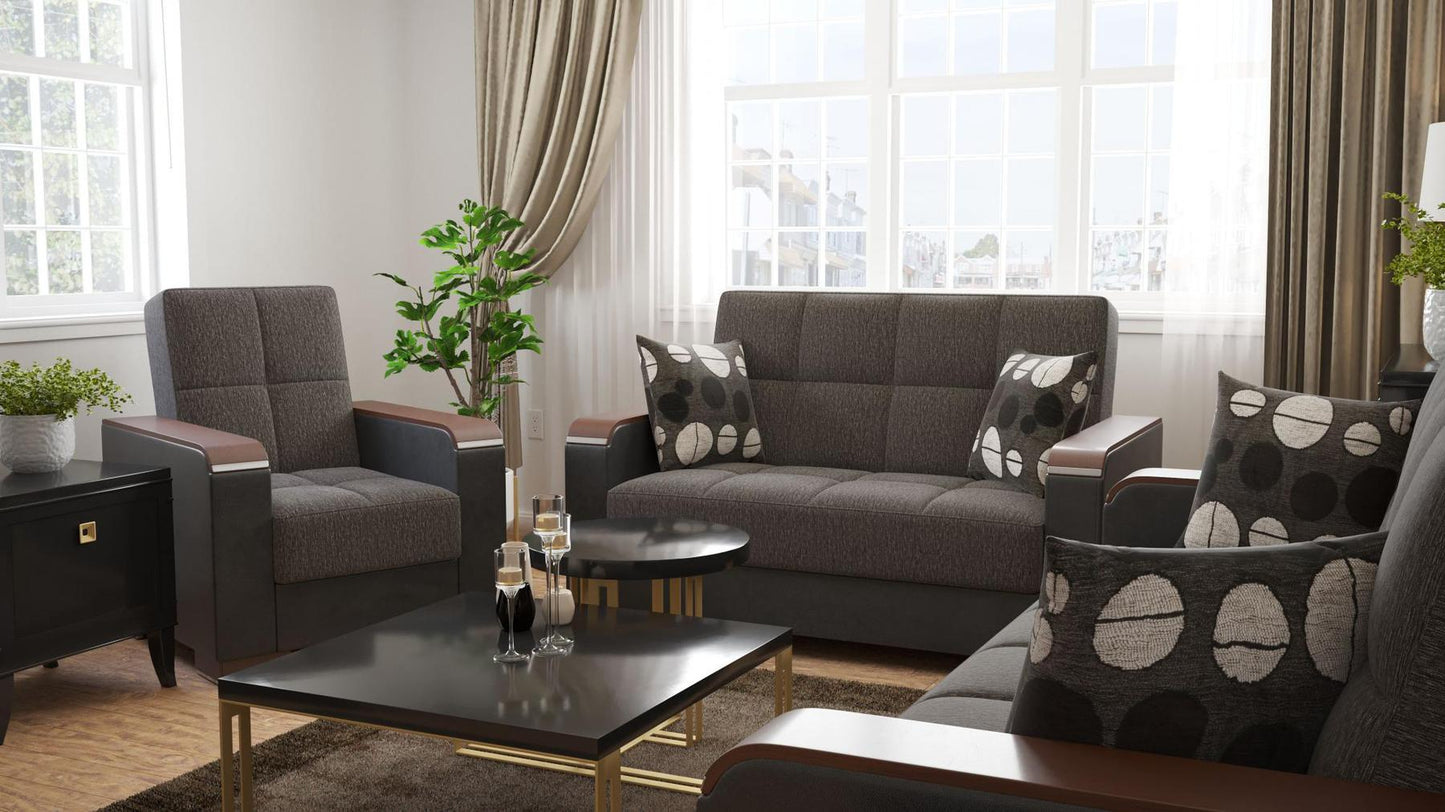 Modern design, Dark Slate Gray, Black , Chenille, Artificial Leather upholstered convertible Armchair with underseat storage from Voyage Luxe by Ottomanson in living room lifestyle setting with another piece of furniture. This Armchair measures 38 inches width by 36 inches depth by 41 inches height.