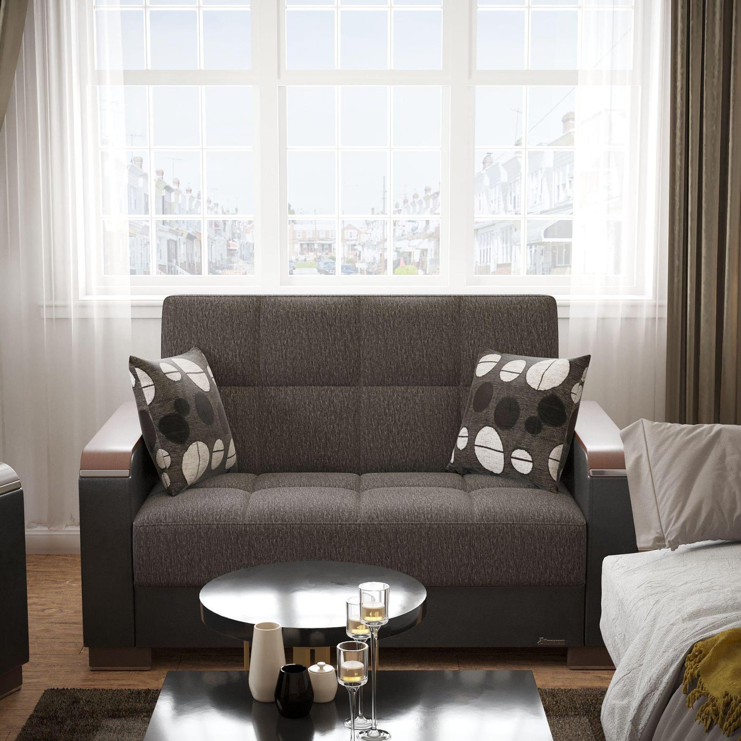 Modern design, Dark Slate Gray, Black , Chenille, Artificial Leather upholstered convertible sleeper Loveseat with underseat storage from Voyage Luxe by Ottomanson in living room lifestyle setting by itself. This Loveseat measures 67 inches width by 36 inches depth by 41 inches height.