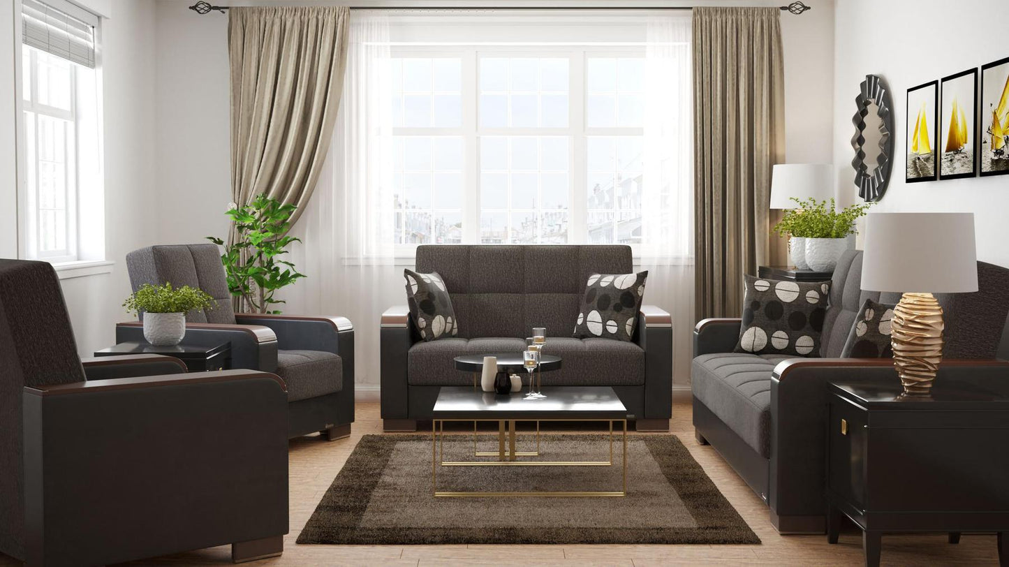 Modern design, Dark Slate Gray, Black , Chenille, Artificial Leather upholstered convertible sleeper Loveseat with underseat storage from Voyage Luxe by Ottomanson in living room lifestyle setting with the matching furniture set. This Loveseat measures 67 inches width by 36 inches depth by 41 inches height.