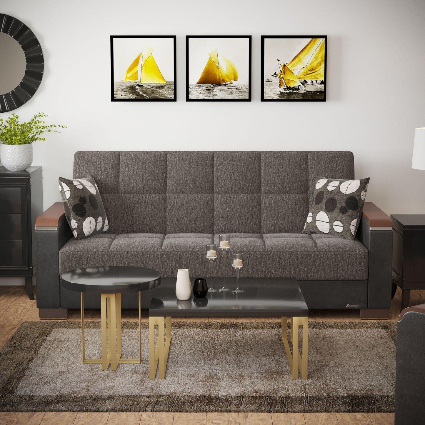 Modern design, Dark Slate Gray, Black , Chenille, Artificial Leather upholstered convertible sleeper Sofabed with underseat storage from Voyage Luxe by Ottomanson in living room lifestyle setting by itself. This Sofabed measures 90 inches width by 36 inches depth by 41 inches height.
