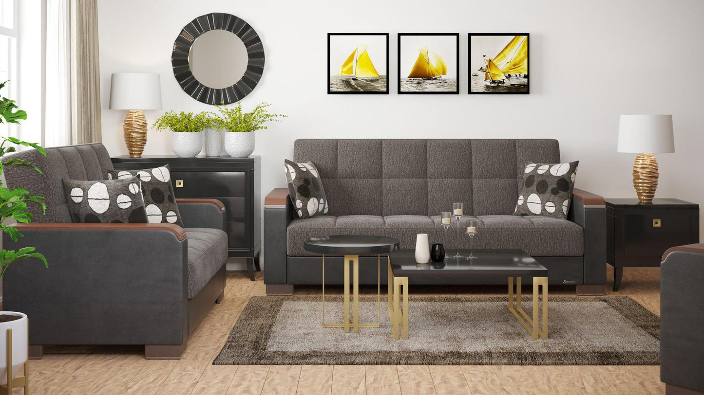 Modern design, Dark Slate Gray, Black , Chenille, Artificial Leather upholstered convertible sleeper Sofabed with underseat storage from Voyage Luxe by Ottomanson in living room lifestyle setting with another piece of furniture. This Sofabed measures 90 inches width by 36 inches depth by 41 inches height.