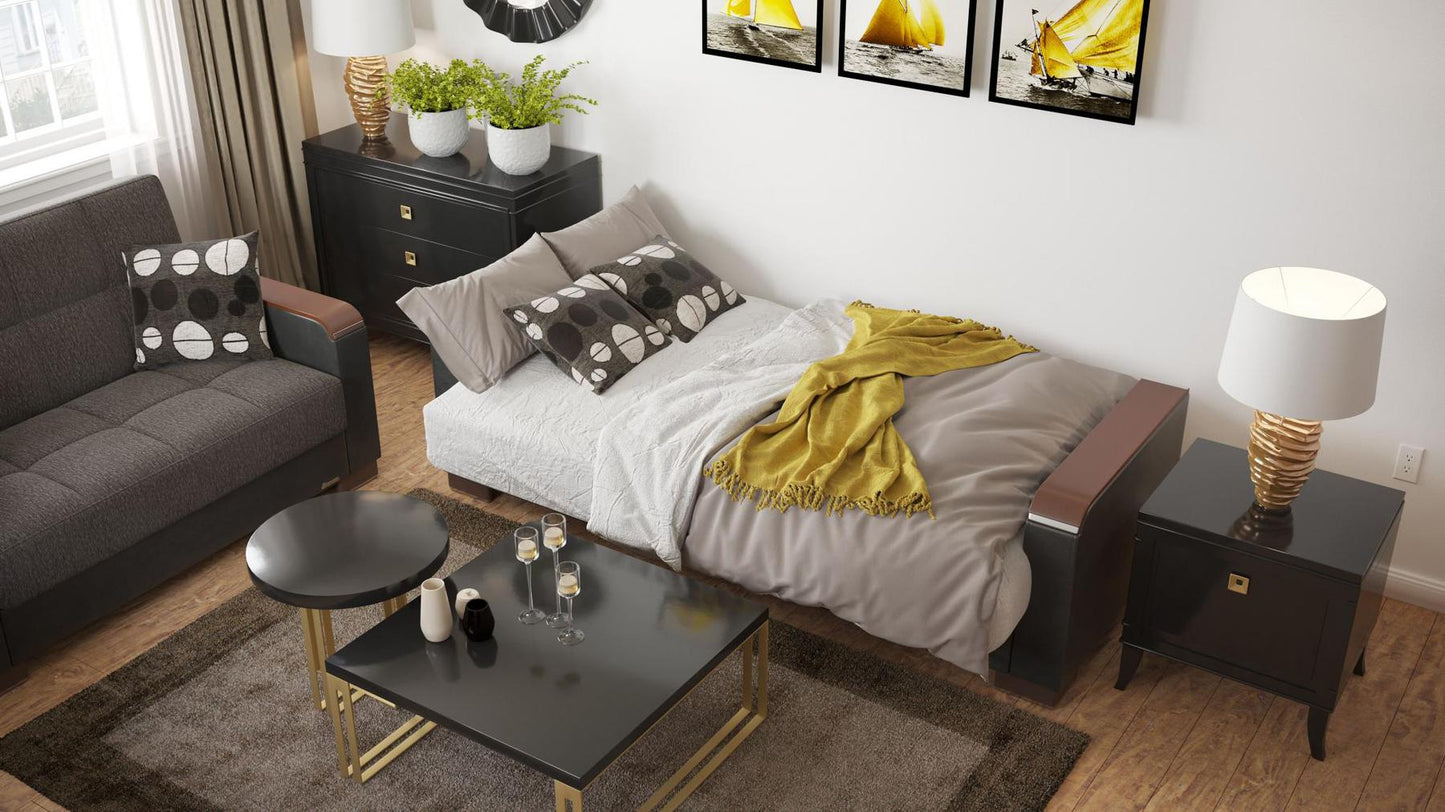 Modern design, Dark Slate Gray, Black , Chenille, Artificial Leather upholstered convertible sleeper Sofabed with underseat storage from Voyage Luxe by Ottomanson in living room lifestyle setting converted to sleeper. This Sofabed measures 90 inches width by 36 inches depth by 41 inches height.