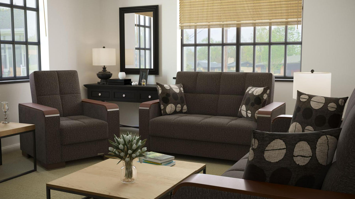Modern design, Dark Slate Gray , Chenille upholstered convertible Armchair with underseat storage from Voyage Luxe by Ottomanson in living room lifestyle setting with another piece of furniture. This Armchair measures 38 inches width by 36 inches depth by 41 inches height.
