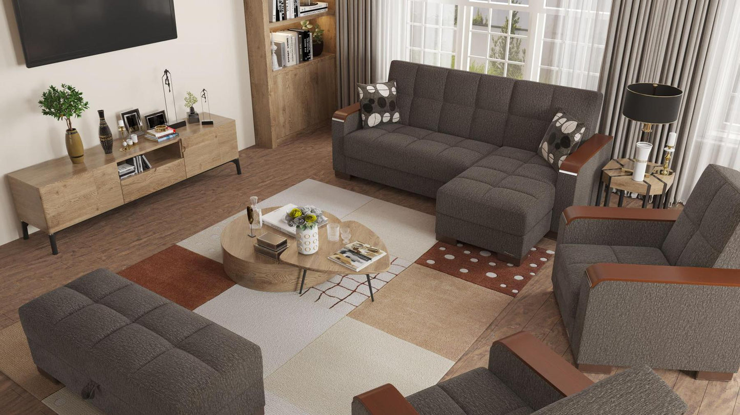 Modern design, Dark Slate Gray , Chenille upholstered convertible Armchair with underseat storage from Voyage Luxe by Ottomanson in living room lifestyle setting converted to sleeper. This Armchair measures 38 inches width by 36 inches depth by 41 inches height.