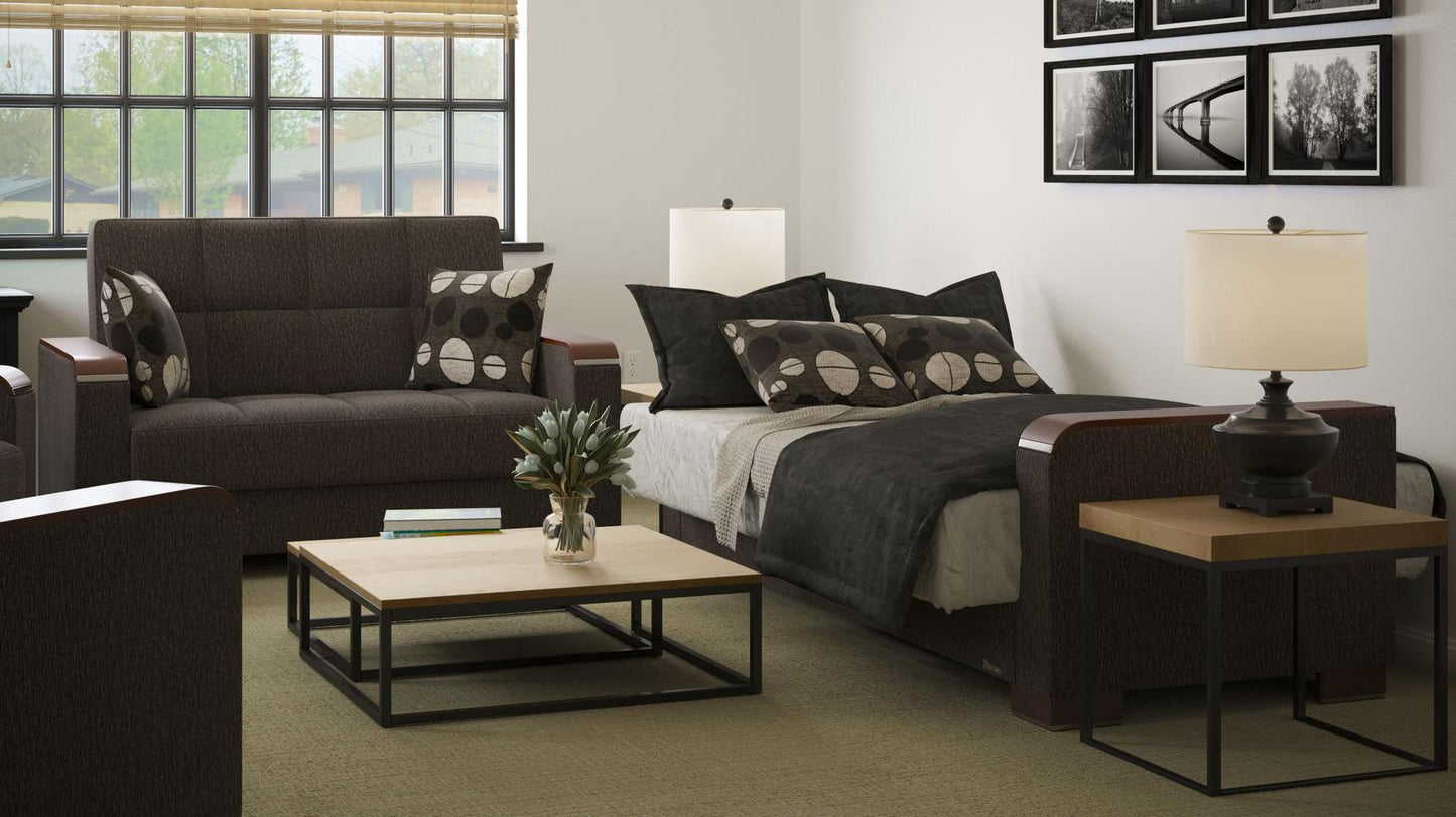Modern design, Dark Slate Gray , Chenille upholstered convertible sleeper Loveseat with underseat storage from Voyage Luxe by Ottomanson in living room lifestyle setting converted to sleeper. This Loveseat measures 67 inches width by 36 inches depth by 41 inches height.