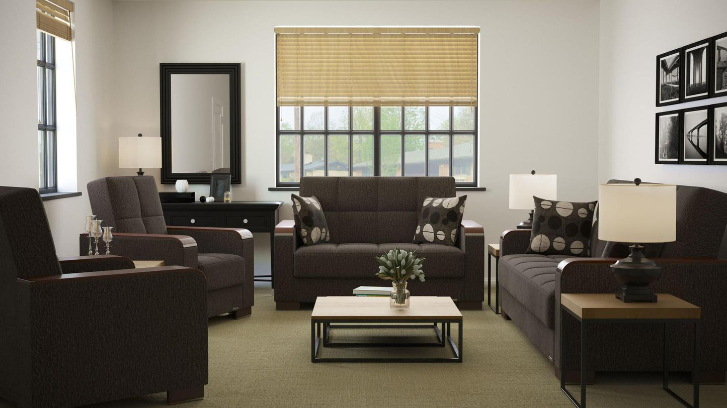 Modern design, Dark Slate Gray , Chenille upholstered convertible sleeper Sofabed with underseat storage from Voyage Luxe by Ottomanson in living room lifestyle setting with the matching furniture set. This Sofabed measures 90 inches width by 36 inches depth by 41 inches height.
