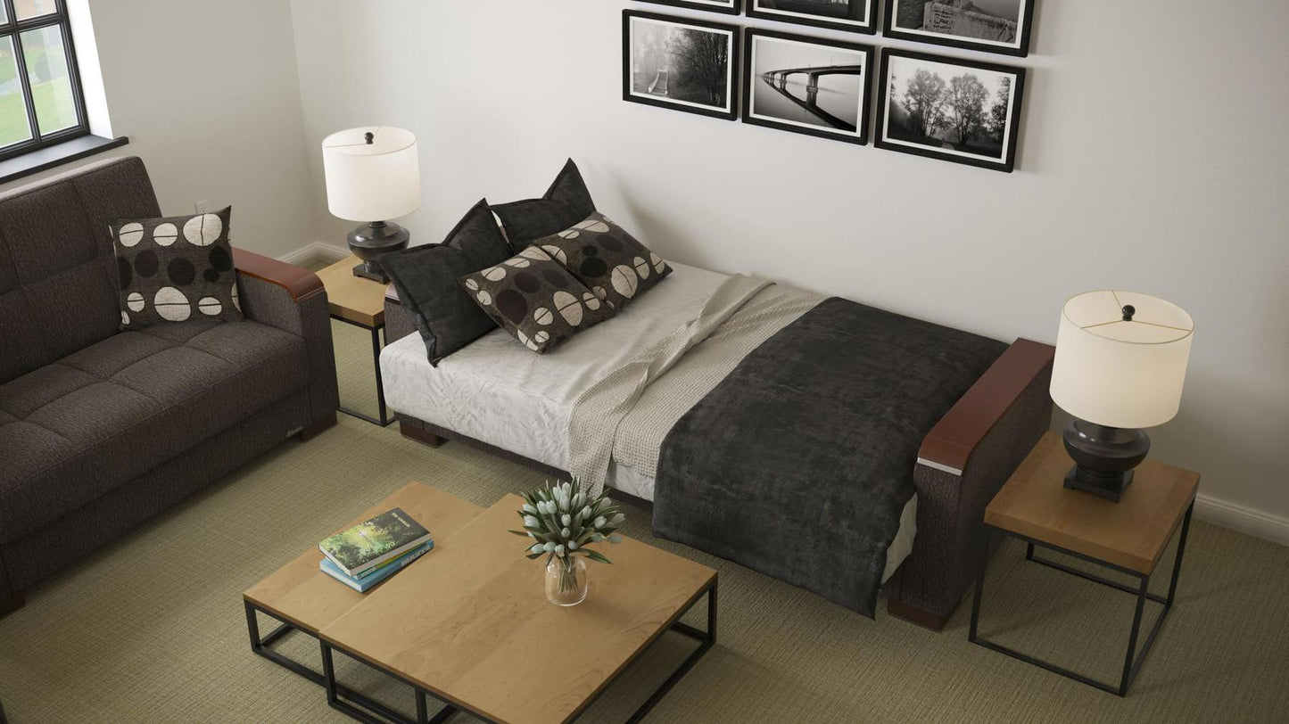 Modern design, Dark Slate Gray , Chenille upholstered convertible sleeper Sofabed with underseat storage from Voyage Luxe by Ottomanson in living room lifestyle setting converted to sleeper. This Sofabed measures 90 inches width by 36 inches depth by 41 inches height.