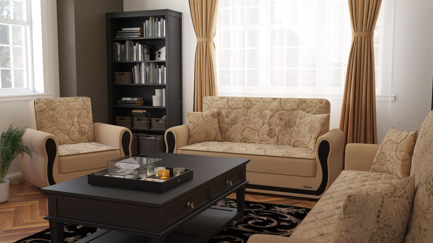 Modern design, Linen Color , Chenille upholstered convertible Armchair with underseat storage from Victoria Urban by Ottomanson in living room lifestyle setting with another piece of furniture. This Armchair measures 39 inches width by 28 inches depth by 38 inches height.