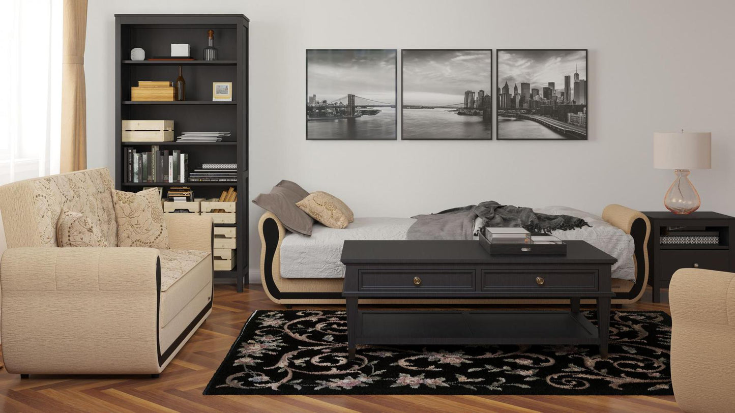 Modern design, Linen Color , Chenille upholstered convertible sleeper Sofabed with underseat storage from Victoria Urban by Ottomanson in living room lifestyle setting converted to sleeper. This Sofabed measures 90 inches width by 28 inches depth by 38 inches height.