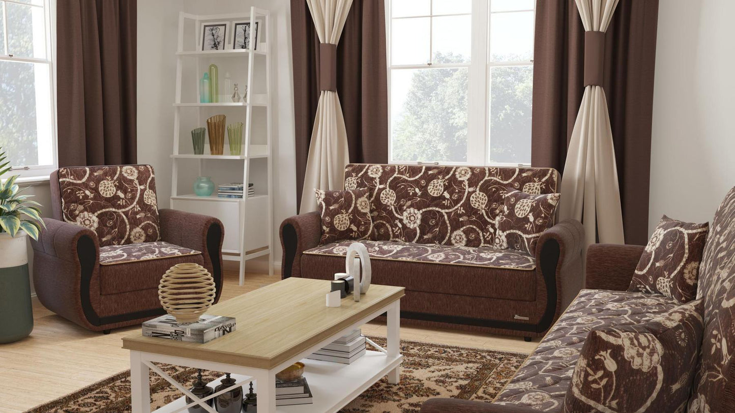 Modern design, Royal Brown , Chenille upholstered convertible Armchair with underseat storage from Victoria Urban by Ottomanson in living room lifestyle setting with another piece of furniture. This Armchair measures 39 inches width by 28 inches depth by 38 inches height.