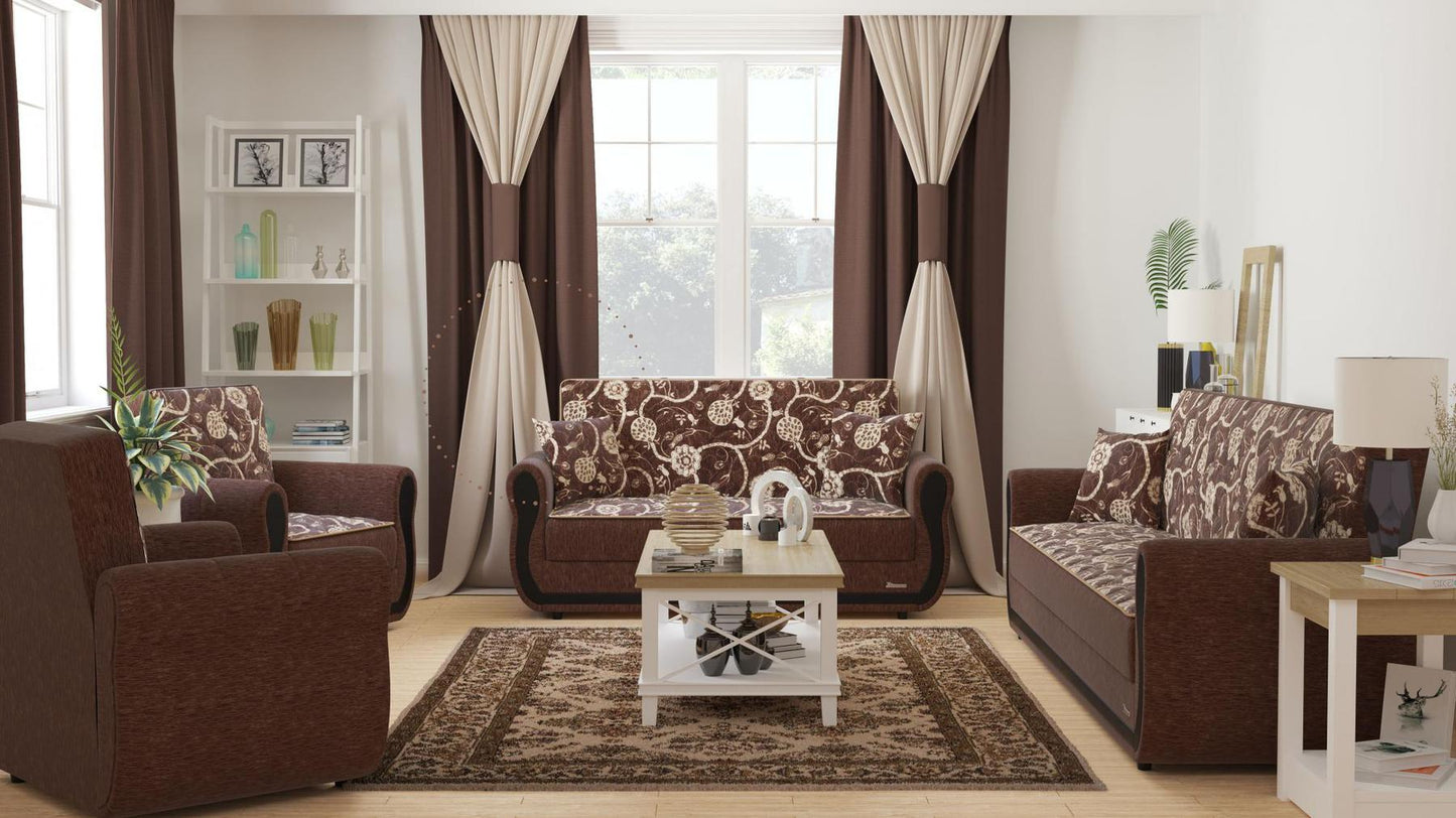 Modern design, Royal Brown , Chenille upholstered convertible Armchair with underseat storage from Victoria Urban by Ottomanson in living room lifestyle setting with the matching furniture set. This Armchair measures 39 inches width by 28 inches depth by 38 inches height.