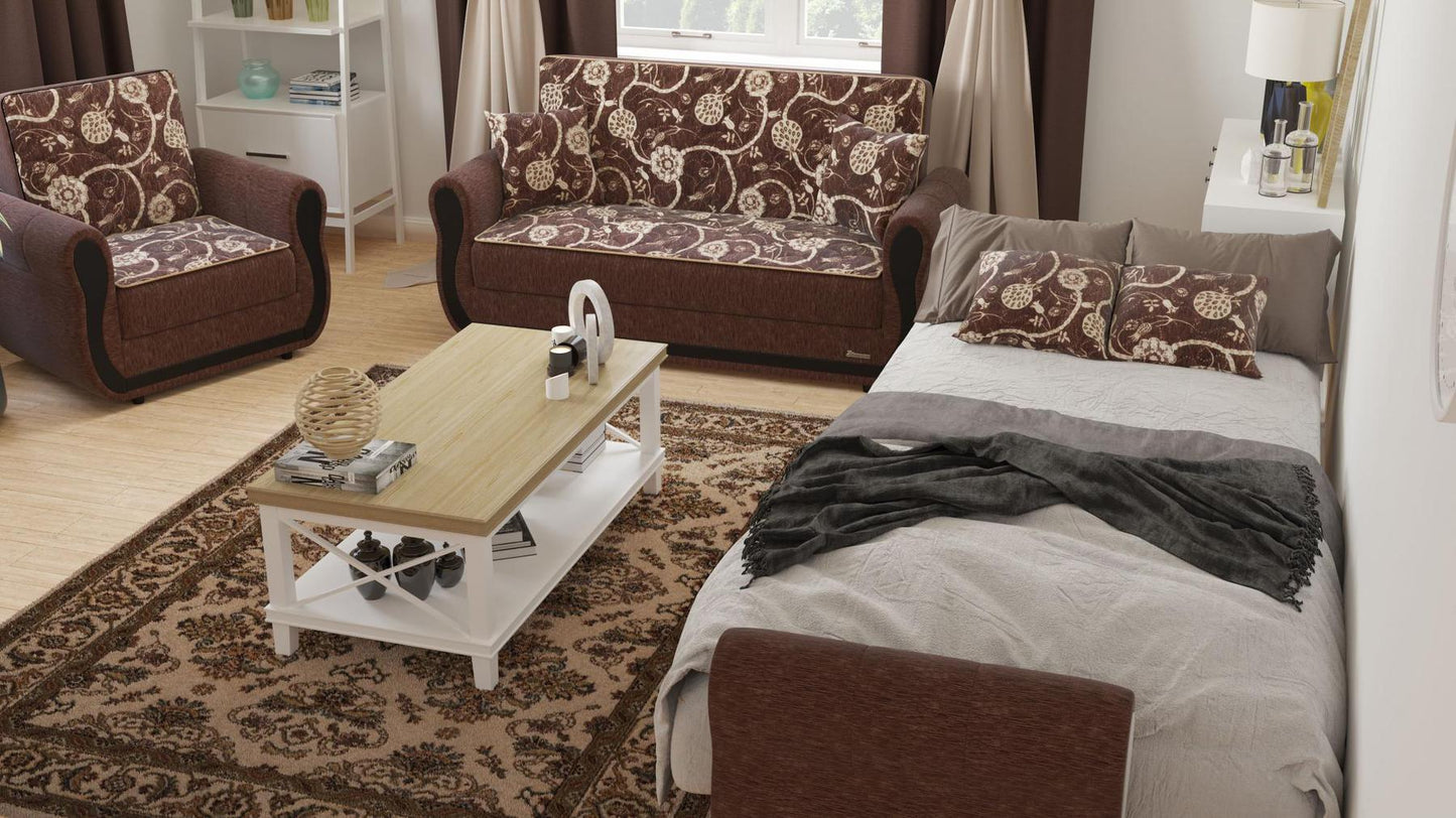 Modern design, Royal Brown , Chenille upholstered convertible Armchair with underseat storage from Victoria Urban by Ottomanson in living room lifestyle setting converted to sleeper. This Armchair measures 39 inches width by 28 inches depth by 38 inches height.