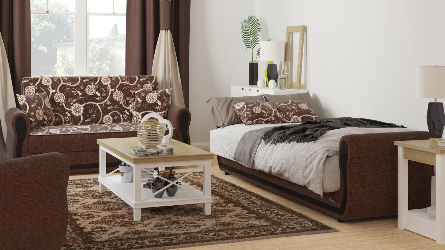 Modern design, Royal Brown , Chenille upholstered convertible sleeper Loveseat with underseat storage from Victoria Urban by Ottomanson in living room lifestyle setting converted to sleeper. This Loveseat measures 70 inches width by 28 inches depth by 38 inches height.