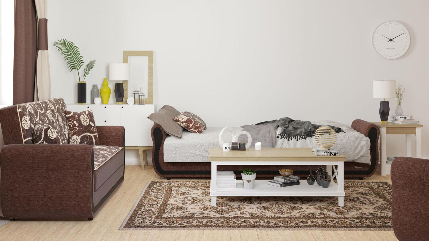 Modern design, Royal Brown , Chenille upholstered convertible sleeper Sofabed with underseat storage from Victoria Urban by Ottomanson in living room lifestyle setting converted to sleeper. This Sofabed measures 90 inches width by 28 inches depth by 38 inches height.
