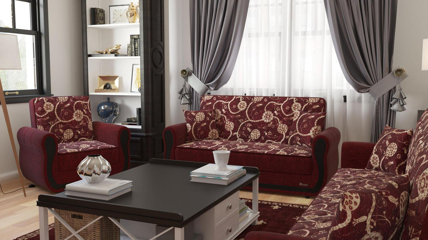 Modern design, Burgundy , Chenille upholstered convertible Armchair with underseat storage from Victoria Urban by Ottomanson in living room lifestyle setting with another piece of furniture. This Armchair measures 39 inches width by 28 inches depth by 38 inches height.