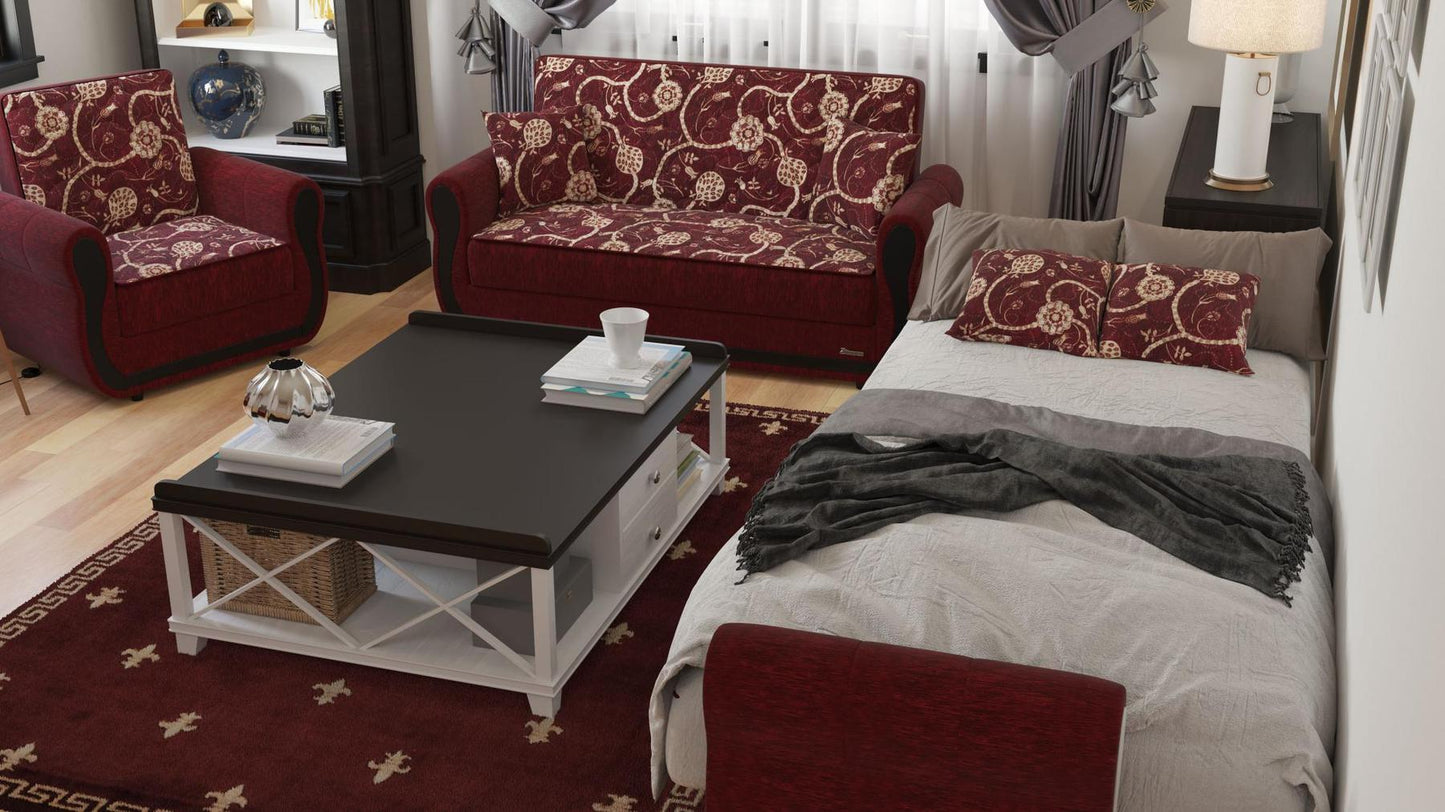 Modern design, Burgundy , Chenille upholstered convertible Armchair with underseat storage from Victoria Urban by Ottomanson in living room lifestyle setting converted to sleeper. This Armchair measures 39 inches width by 28 inches depth by 38 inches height.