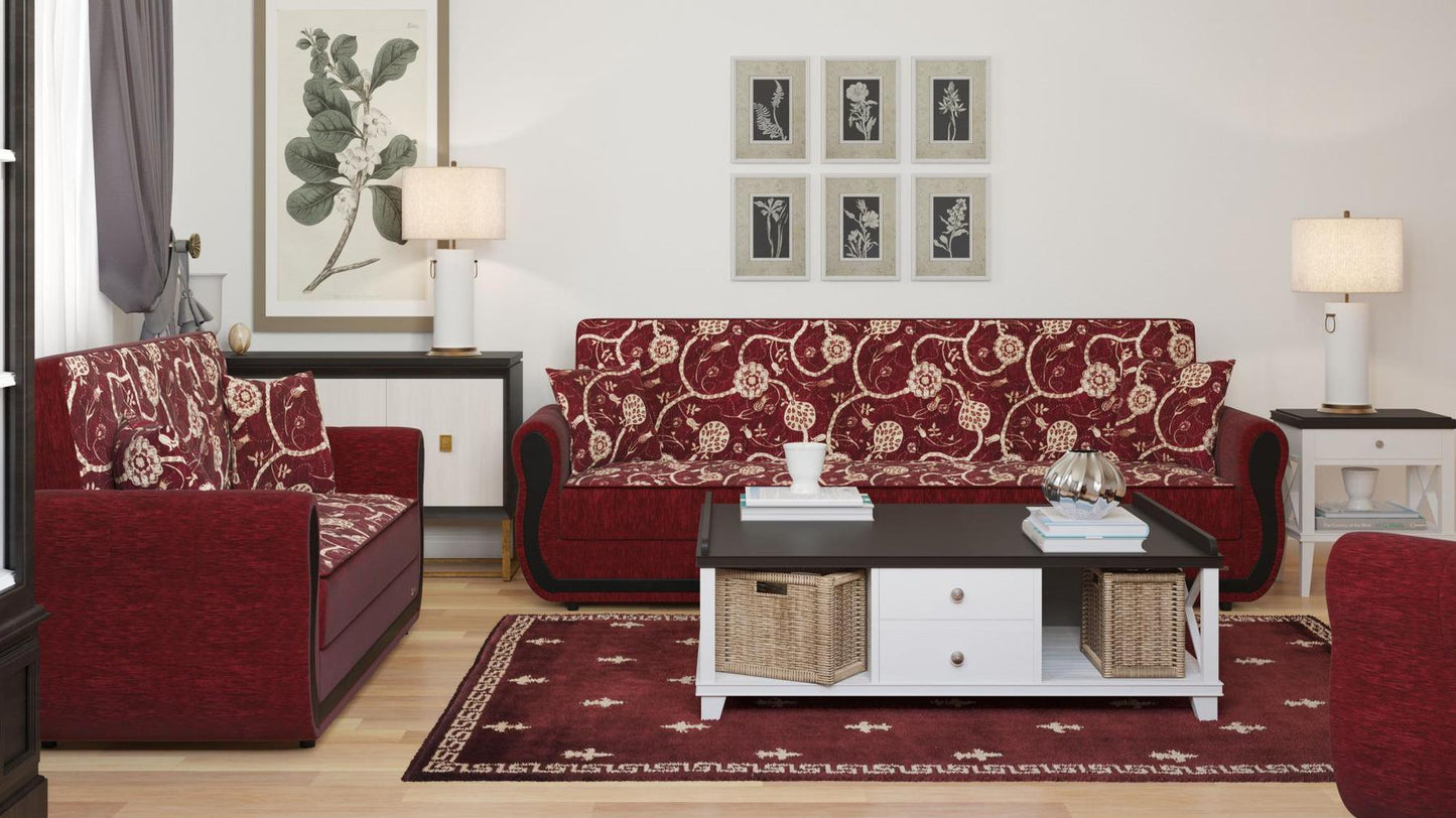 Modern design, Burgundy , Chenille upholstered convertible sleeper Sofabed with underseat storage from Victoria Urban by Ottomanson in living room lifestyle setting with another piece of furniture. This Sofabed measures 90 inches width by 28 inches depth by 38 inches height.