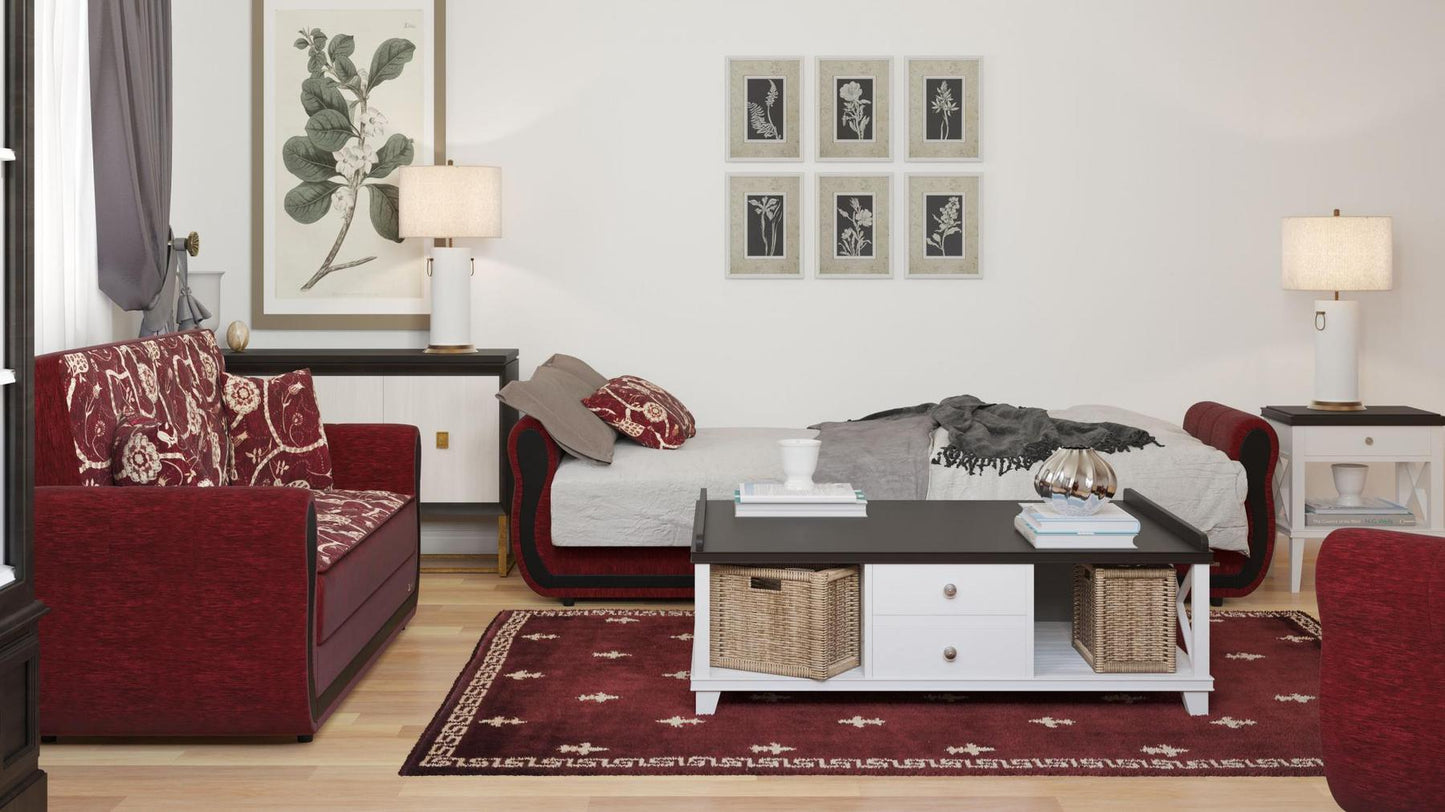 Modern design, Burgundy , Chenille upholstered convertible sleeper Sofabed with underseat storage from Victoria Urban by Ottomanson in living room lifestyle setting converted to sleeper. This Sofabed measures 90 inches width by 28 inches depth by 38 inches height.