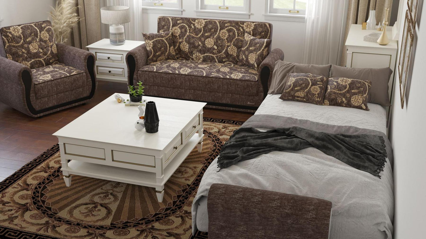Modern design, Silver , Chenille upholstered convertible Armchair with underseat storage from Victoria Urban by Ottomanson in living room lifestyle setting converted to sleeper. This Armchair measures 39 inches width by 28 inches depth by 38 inches height.
