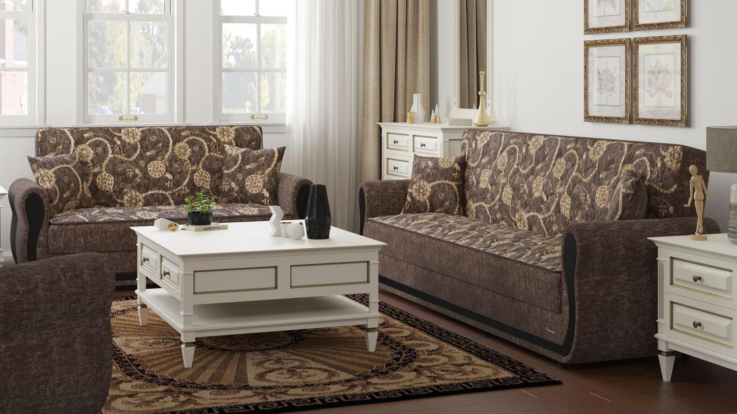 Modern design, Silver , Chenille upholstered convertible sleeper Loveseat with underseat storage from Victoria Urban by Ottomanson in living room lifestyle setting with another piece of furniture. This Loveseat measures 70 inches width by 28 inches depth by 38 inches height.