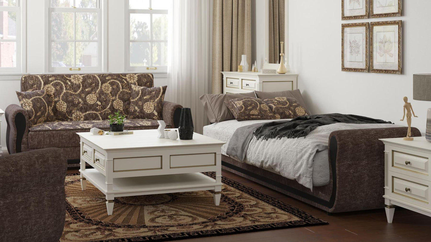 Modern design, Silver , Chenille upholstered convertible sleeper Loveseat with underseat storage from Victoria Urban by Ottomanson in living room lifestyle setting converted to sleeper. This Loveseat measures 70 inches width by 28 inches depth by 38 inches height.