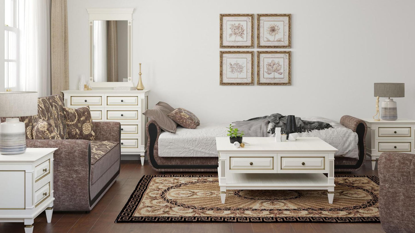 Modern design, Silver , Chenille upholstered convertible sleeper Sofabed with underseat storage from Victoria Urban by Ottomanson in living room lifestyle setting converted to sleeper. This Sofabed measures 90 inches width by 28 inches depth by 38 inches height.