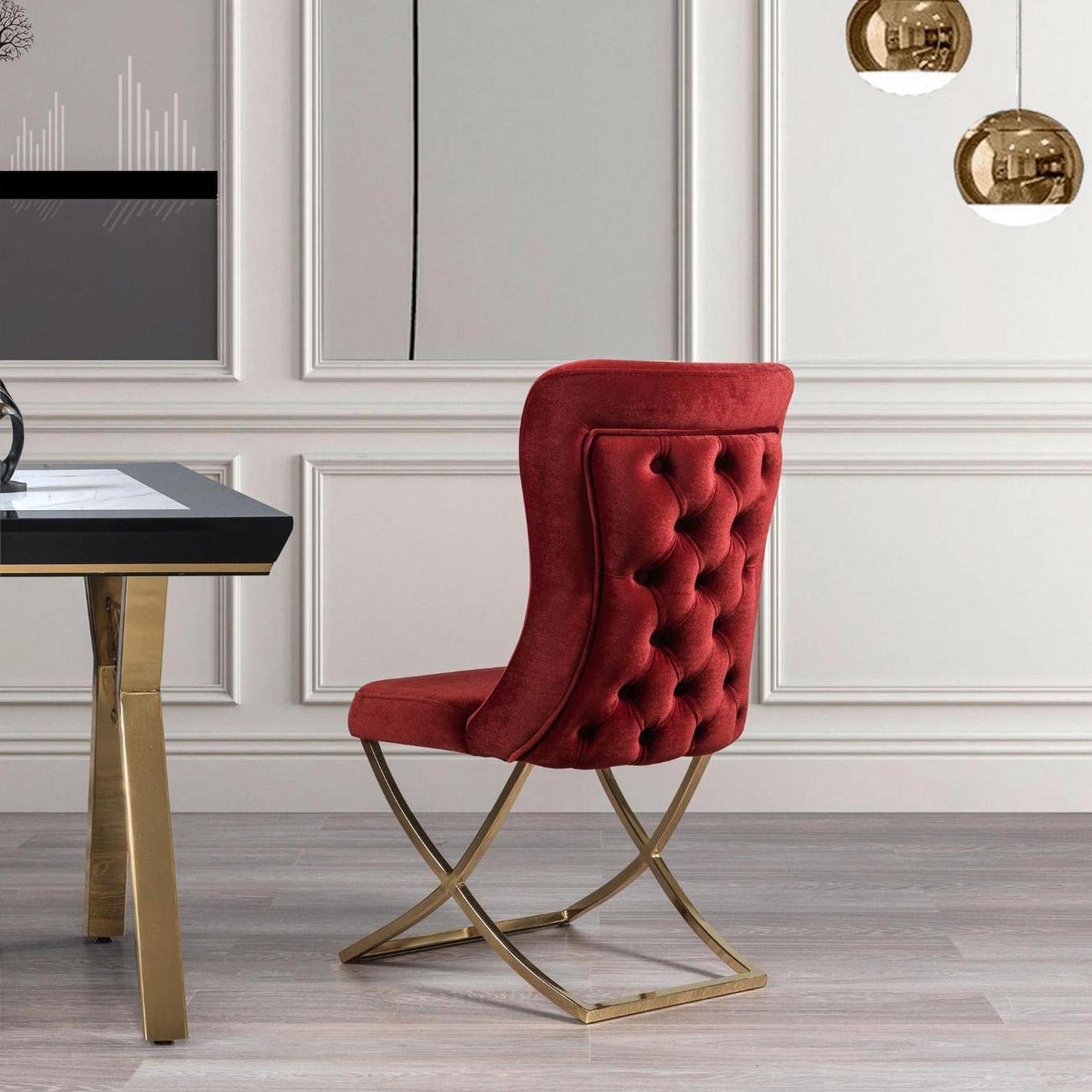 Sultan Collection Wing Back, Modern design, upholstered dining chair in with legs in a dining room with set of four chairs around a round table.