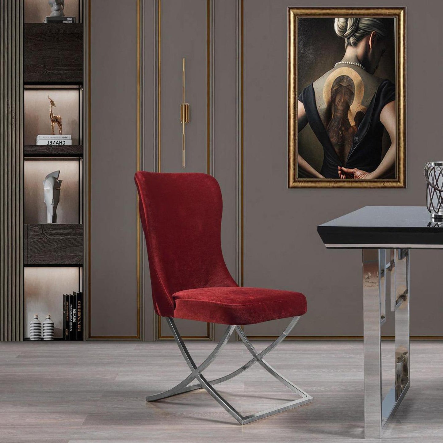 Sultan Collection Wing Back, Modern design, upholstered dining chair in with legs in a dining room with set of four chairs around a round table.